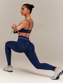 GLOWMODE 26" Second-Skin Seamless Morning Run Booty-Lifting Leggings With Contrast Stripe Logo Waistband Training Workout Gym Fitness Active Wear - Ink Blue - View 7