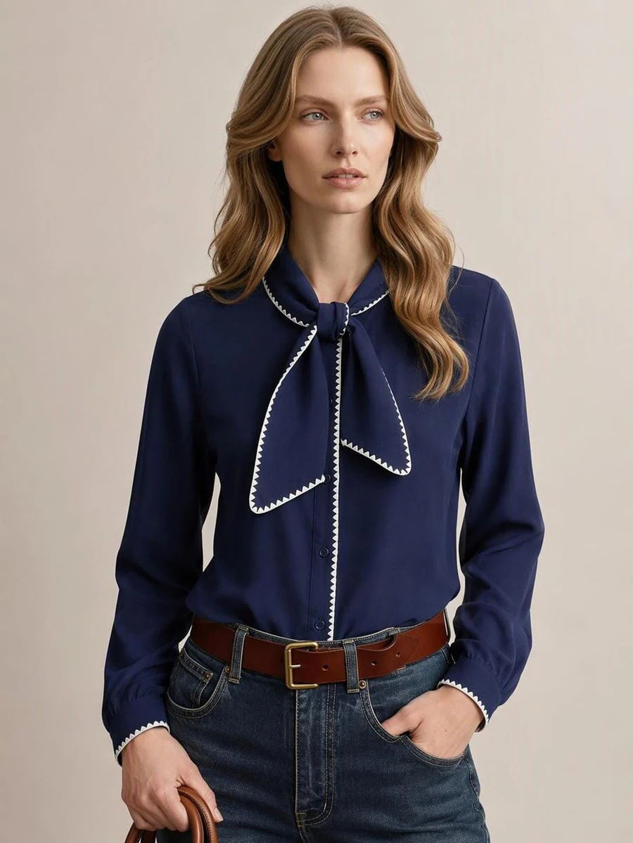 Briarwyn Fall Elegant Casual Navy Blue Contrast Color Wavy Shell Flower Bowknot Loose Lantern Long Sleeve Shirt Chic Office Business Formal Going Out For Women - Navy Blue - View 1