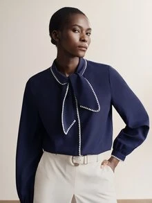 Briarwyn Fall Elegant Casual Navy Blue Contrast Color Wavy Shell Flower Bowknot Loose Lantern Long Sleeve Shirt Chic Office Business Formal Going Out For Women - Navy Blue - View 4