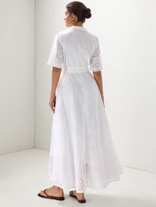Briarwyn Elegante vestido blanco francés con bordado de ojales calados para mujer, manga corta, abotonado, midi con cintura anudada, corte A, estilo camisa, para verano, vacaciones y fiesta en el jardín - Blanco - Ver 2