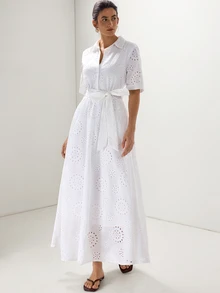 Briarwyn Elegante vestido blanco francés con bordado de ojales calados para mujer, manga corta, abotonado, midi con cintura anudada, corte A, estilo camisa, para verano, vacaciones y fiesta en el jardín - Blanco - Ver 4