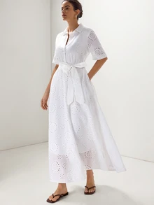 Briarwyn Elegante vestido blanco francés con bordado de ojales calados para mujer, manga corta, abotonado, midi con cintura anudada, corte A, estilo camisa, para verano, vacaciones y fiesta en el jardín - Blanco - Ver 5
