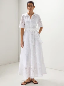 Briarwyn Elegante vestido blanco francés con bordado de ojales calados para mujer, manga corta, abotonado, midi con cintura anudada, corte A, estilo camisa, para verano, vacaciones y fiesta en el jardín - Blanco - Ver 3