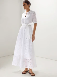 Briarwyn Elegante vestido blanco francés con bordado de ojales calados para mujer, manga corta, abotonado, midi con cintura anudada, corte A, estilo camisa, para verano, vacaciones y fiesta en el jardín - Blanco - Ver 6