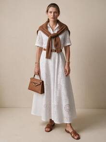 Briarwyn Elegante vestido blanco francés con bordado de ojales calados para mujer, manga corta, abotonado, midi con cintura anudada, corte A, estilo camisa, para verano, vacaciones y fiesta en el jardín - Blanco - Ver 1