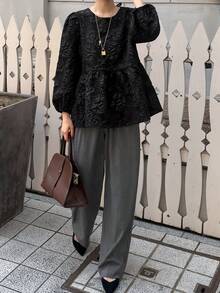 FRIFUL Women's Korean Autumn Solid Color Textured Fabric Shirt, Middle-Aged Women's Top Vacation - Black - View 4