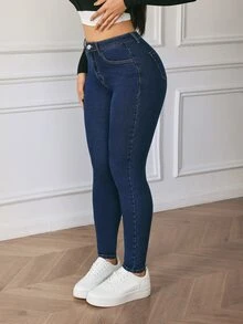 Flexra Women's Button Pocket Fashion Versatile Denim Jeans - Blue - View 5