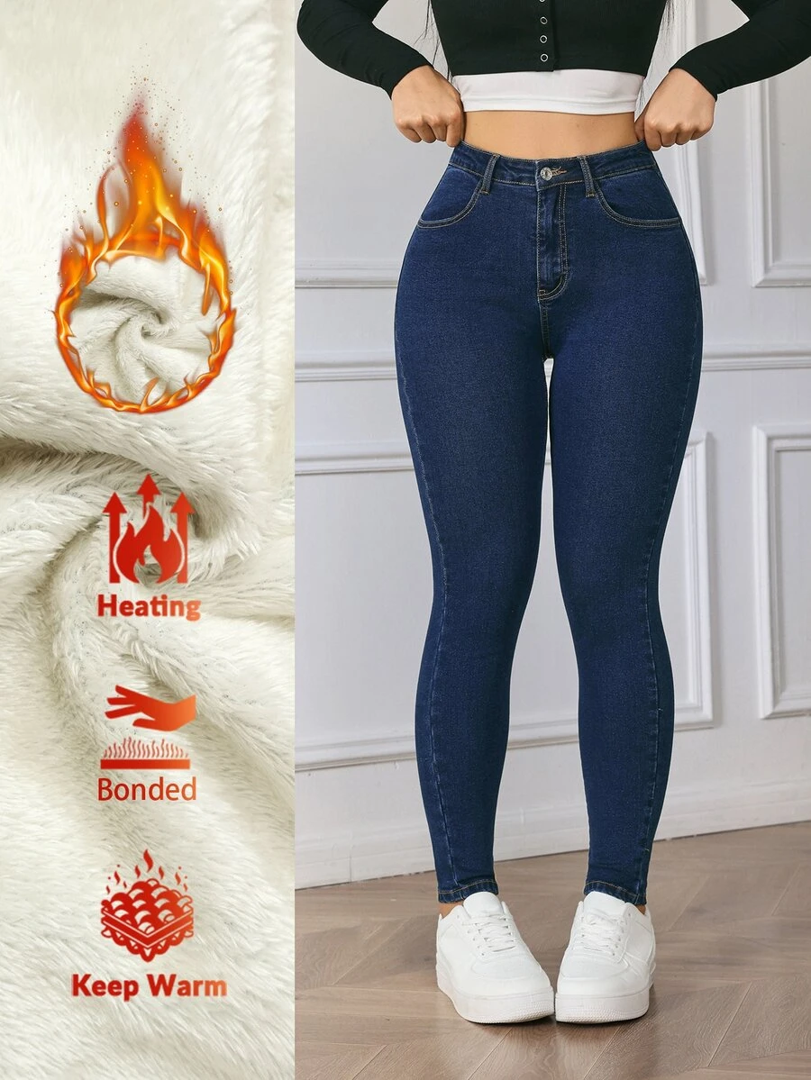 Flexra Women's Button Pocket Fashion Versatile Denim Jeans - Blue - View 1