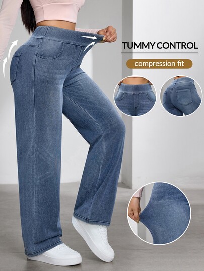 Flexra Pantalones de mezclilla de pierna ancha para mujer, corte holgado, cintura elástica, mezclilla azul lavada con estiramiento, cómodos para uso diario, viajes y deportes de otoño