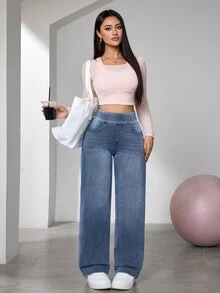 SHEIN Essnce 女款秋季運動風寬鬆彈性腰水洗彈力牛仔褲，藍色，日常穿著旅行舒適寬腿牛仔褲 - 藍色 - 查看 7