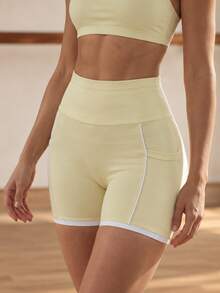 Eassivo Eassivo Women's Fashion Striped Colorblock Pocket Sports Shorts - Pale Yellow - View 1