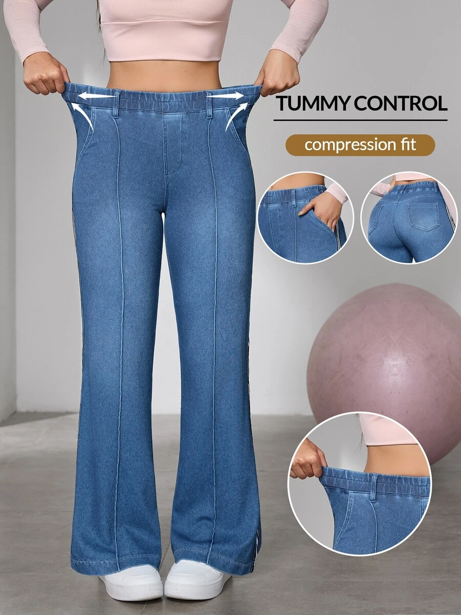 Flexra Celana Jeans Flare Kasual Serbaguna dengan Pinggang Elastis untuk Wanita - Biru - View 1