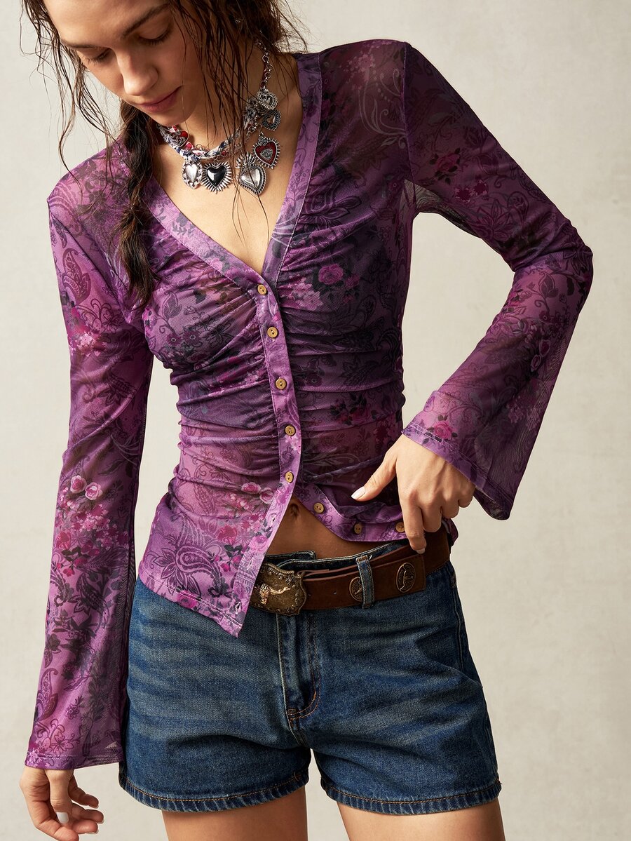 Bohemela Vacation Pattern Women Top - Purple - View 1