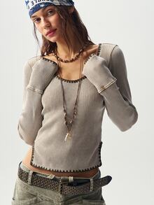 Bohemela Women's Casual Solid Color Contrast V-Neck Long Sleeve Knit T-Shirt, Autumn/Winter - Maroon - View 1