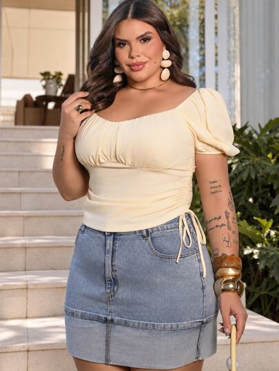 Bibi Tomais Plus Size Elegant White Summer Everyday Pleated Drawstring Lantern Sleeve T-Shirt,Casual Commuting Picnic Graduation Renaissance Fair Western Tops