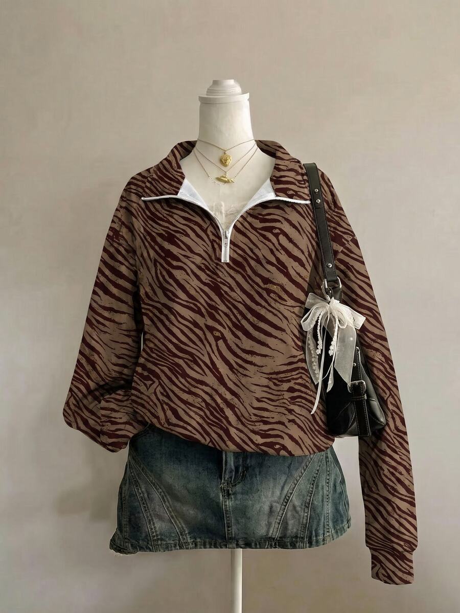 Attitoon Women's Sweatshirt, Small Stand Collar Long Sleeve, Brown Zebra Print Pattern, Street Chic Casual 70s High-End Minimalist Cool Motorcycle Style, Fall - Multicolor - View 1