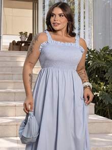 Bibi Tomais 大码夏季休闲纯色吊带连衣裙长款女装 - 淺藍色 - 查看 3