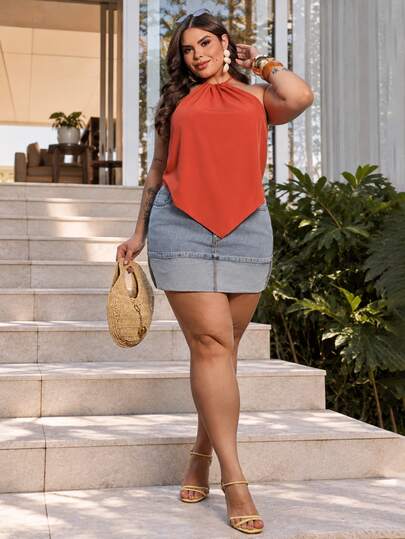 Bibi Tomais Camiseta sin mangas de cuello halter de unicolor para mujer de talla grande