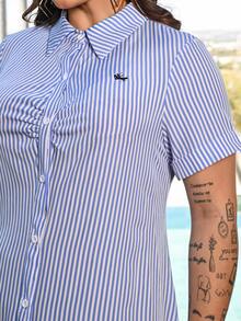 Bibi Tomais Plus Size Women Knight Pattern Short Sleeve Single-Breasted Shirt Striped Dress - Blue - View 5