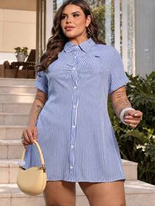 Bibi Tomais Plus Size Women Knight Pattern Short Sleeve Single-Breasted Shirt Striped Dress - Blue - View 6
