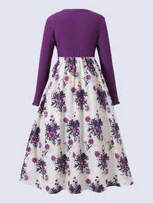 SHEIN Tween女孩紫色花卉長袖洋裝，8-12歲女童服飾，萬聖節穿搭、度假、秋季、端莊優雅休閒晚餐派對款 - 彩色 - 查看 3