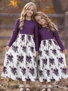 SHEIN Tween女孩紫色花卉長袖洋裝，8-12歲女童服飾，萬聖節穿搭、度假、秋季、端莊優雅休閒晚餐派對款 - 彩色 - 查看 4