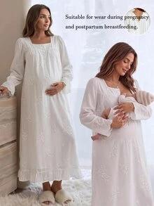 SHEIN 孕婦純色長洋裝，刺繡圖案，蕾絲裝飾，舒適休閒 - 白色 - 查看 2