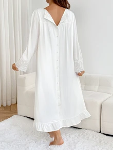 SHEIN 孕婦純色長洋裝，刺繡圖案，蕾絲裝飾，舒適休閒 - 白色 - 查看 9