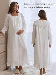 SHEIN 孕婦純色長洋裝，刺繡圖案，蕾絲裝飾，舒適休閒 - 白色 - 查看 1