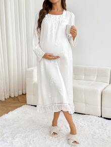 SHEIN 孕婦純色長洋裝，刺繡圖案，蕾絲裝飾，舒適休閒 - 白色 - 查看 5