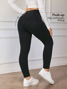 Flexra 女款鈕扣口袋時尚百搭牛仔褲 - 黑色 - 查看 2
