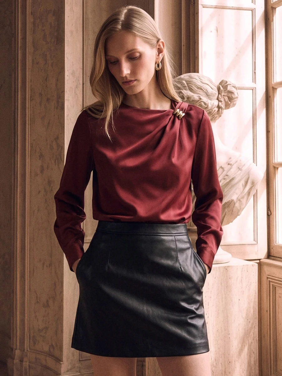 Anewsta Women's Elegant Elegant Long Sleeve Satin Collar Design Blouse - Burgundy - View 1