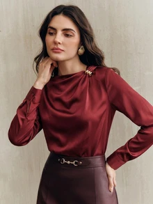 Anewsta Women's Elegant Elegant Long Sleeve Satin Collar Design Blouse - Burgundy - View 5