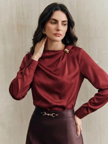 Anewsta Women's Elegant Elegant Long Sleeve Satin Collar Design Blouse - Burgundy - View 3