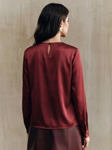 Anewsta Women's Elegant Elegant Long Sleeve Satin Collar Design Blouse - Burgundy - View 6