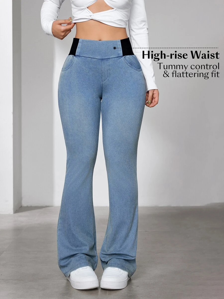Flexra Women's Elastic Waist Pocket Flared Denim Jeans - Blue - View 1