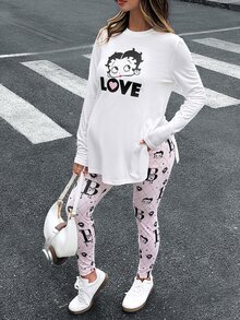 Lyckli Betty Boop x SHEIN Maternity Cartoon Print Split Hem T-Shirt And Adjustable Waist Fitted Leggings 2 Pieces Set - Pink - View 5