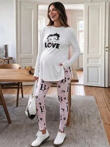 Lyckli Betty Boop x SHEIN Maternity Cartoon Print Split Hem T-Shirt And Adjustable Waist Fitted Leggings 2 Pieces Set - Pink - View 1