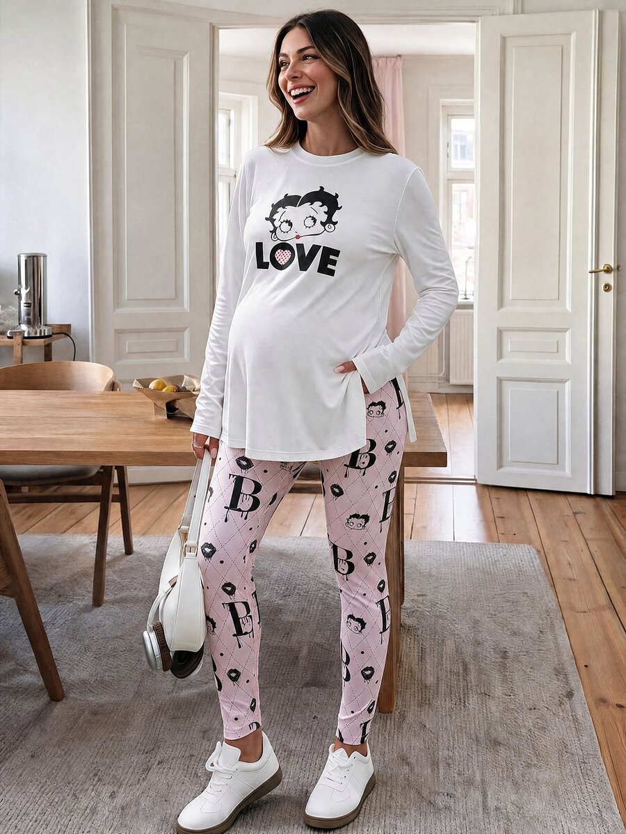Lyckli Betty Boop x SHEIN Maternity Cartoon Print Split Hem T-Shirt And Adjustable Waist Fitted Leggings 2 Pieces Set - Pink - View 1