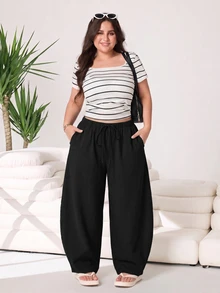 Solflare Black Plus Size Women's Loose Pants With Waist Tie And Pockets Autumn Formal Office Vacation Casual - Black - View 3