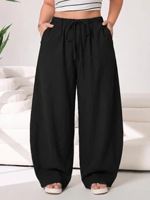 Solflare Black Plus Size Women's Loose Pants With Waist Tie And Pockets Autumn Formal Office Vacation Casual - Black - View 4