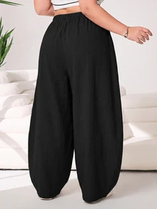Solflare Black Plus Size Women's Loose Pants With Waist Tie And Pockets Autumn Formal Office Vacation Casual - Black - View 2