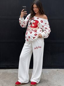 Lyckli Betty Boop x SHEIN Maternity Red Lips Cartoon Print Asymmetric Collar Sweatshirt & Sweatpants 2 Pieces Set Fall - White - View 1
