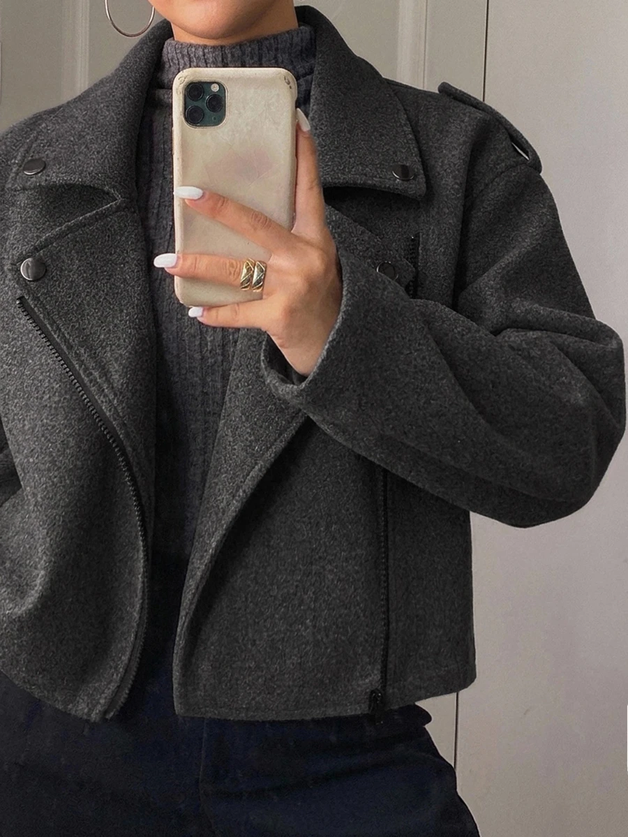 Dazy Plus Autumn/Winter New Loose Casual Wool-Like Thickened Fun Commuter Trench-Style Jacket Coat - Dark Grey - View 1