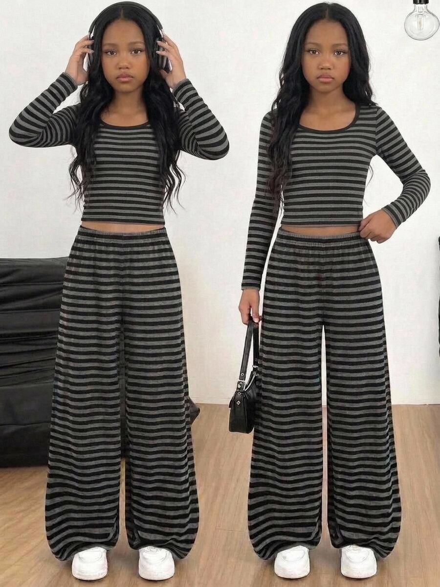 Kids Tween Girls Black & Gray Striped Autumn/Winter Halloween Christmas Party Casual T-Shirt Set 2-Piece Outfit - Black - View 1