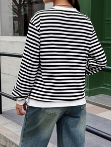 Lyckli Betty Boop x SHEIN Maternity Autumn Casual Striped Cartoon Print Sweatshirt Winter - Black and White - View 3
