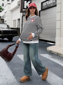 Lyckli Betty Boop x SHEIN Maternity Autumn Casual Striped Cartoon Print Sweatshirt Winter - Black and White - View 4