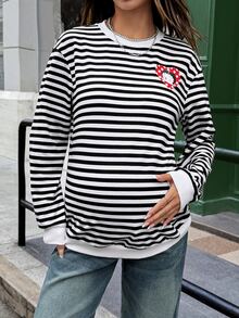 Lyckli Betty Boop x SHEIN Maternity Autumn Casual Striped Cartoon Print Sweatshirt Winter - Black and White - View 5