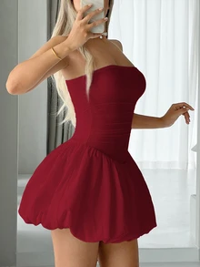 Sweetina Simple Fashion Solid Strapless Flare Hemline Dress, Suitable For Parties And Gatherings - Burgundy - View 3