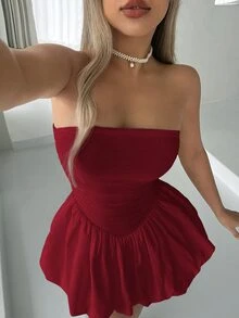 Sweetina Simple Fashion Solid Strapless Flare Hemline Dress, Suitable For Parties And Gatherings - Burgundy - View 5